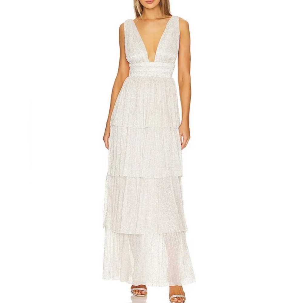 Sabina Musayev White Tiered V-Neck Maxi Dress